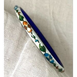 Vintage Cloisonné Bangle Bracelet White Enamel Floral 8.25”
